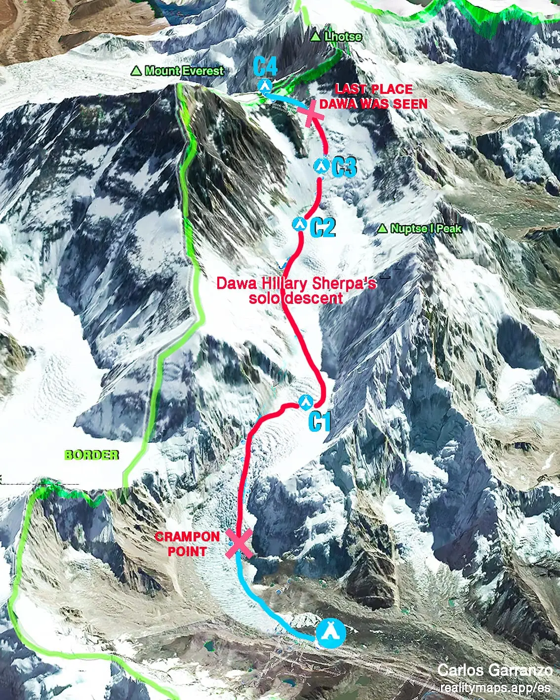 Map of Dawa Sherpa’s descent route on Everest